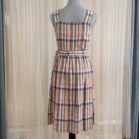 GAL MEETS GLAM linen blend plaid square neck button front fit & flare dress - Picture 3 of 11